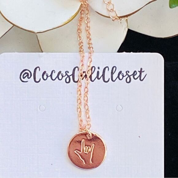 Delicate Rose Gold Tone American Sign Language ASL I Love You Necklace NWT - Picture 3 of 9